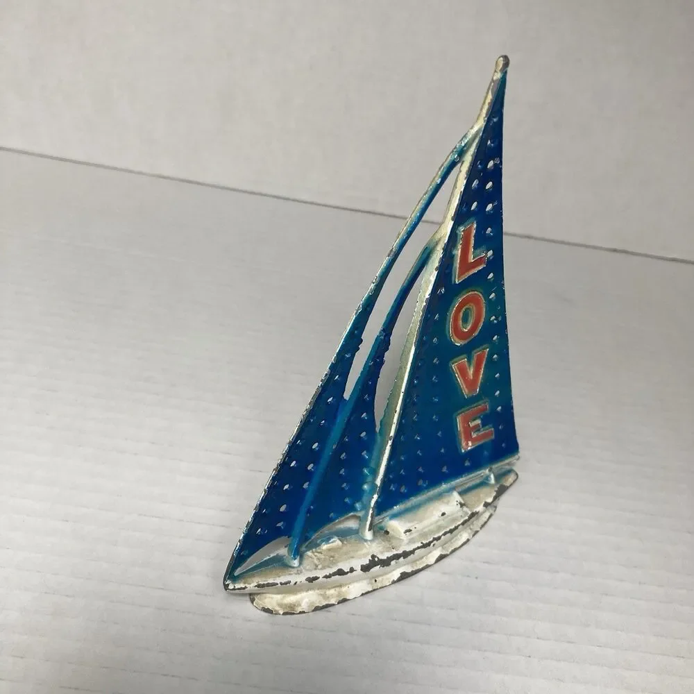Vintage Sailboat Earring Holder Nautical LOVE Red White Blue Rustic